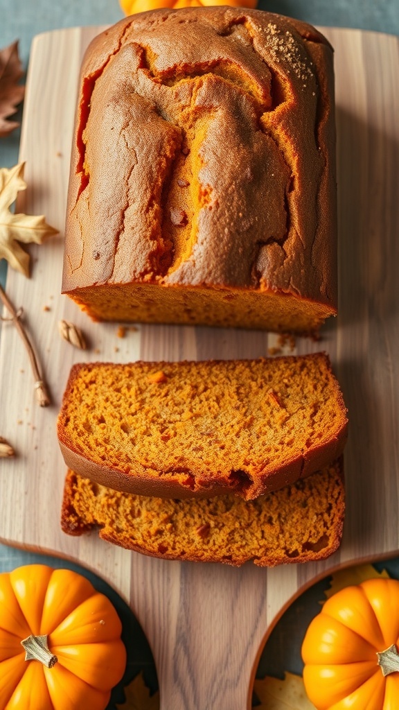 Pumpkin Bread Recipe for Bread Machine A loaf of pumpkin bread sliced on a cutting board, with autumn decorations around it.